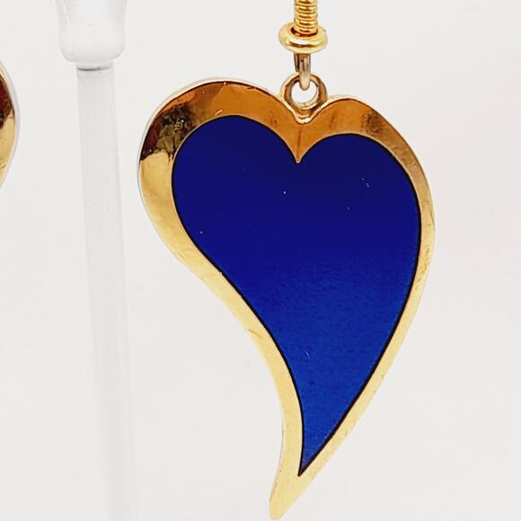 Vintage Laurel Burch Heart Dangle Earrings, Blue Enamel, Gold Plated, 2 Inches - Picture 5 of 10